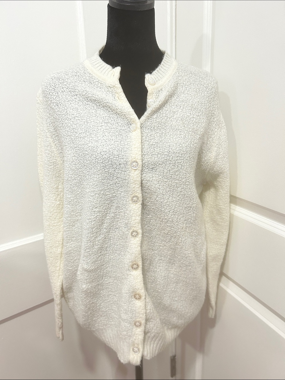 Mary Barr Vintage womens Button Up sweater Medium Ivory cottagecore knit cardi - Picture 11 of 14